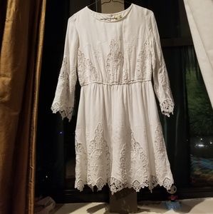 NWT white lace scallop boho cottagecore dress three quarter sleeve